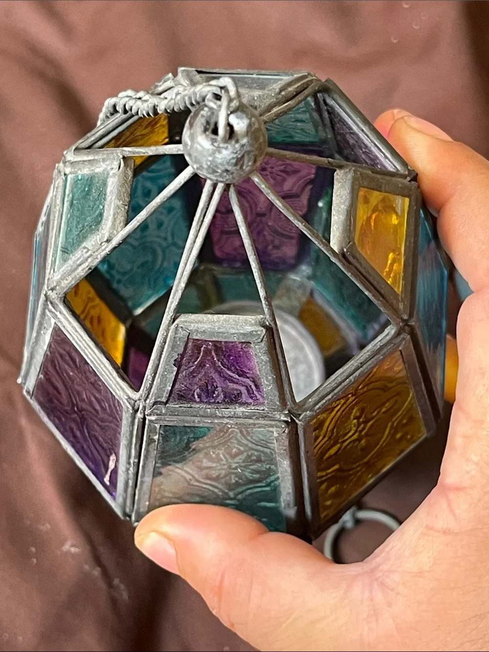 Antique Multicolor Stained Glass Hanging Lantern - Teal, Purple, Gold